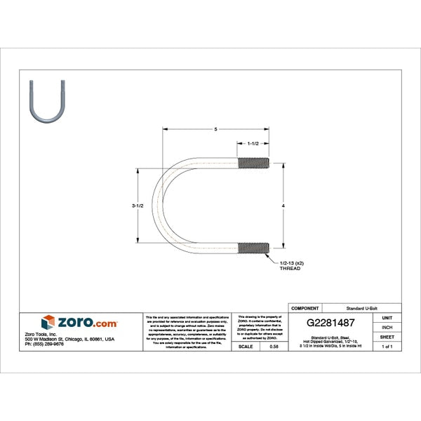 Round U-Bolt, 1/2