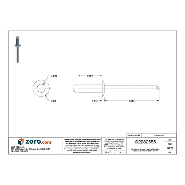 Blind Rivet, Dome Head, 3/16 in Dia., 35/64 in L, Aluminum Body, 250 PK