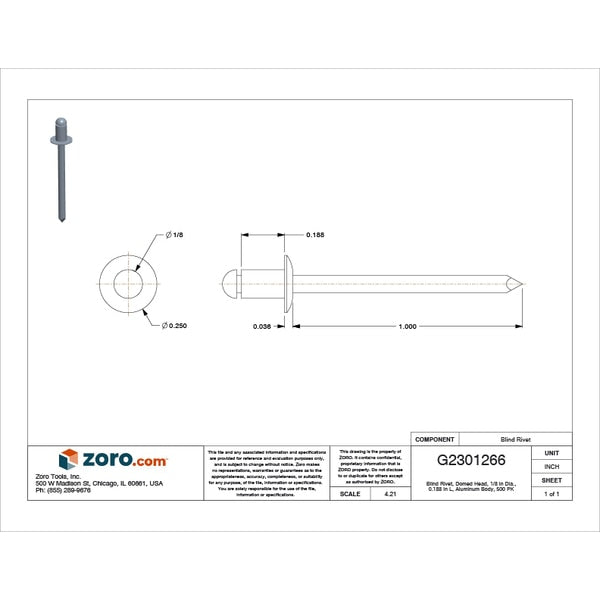 Blind Rivet, Dome Head, 1/8 in Dia., 3/16 in L, Aluminum Body, 500 PK