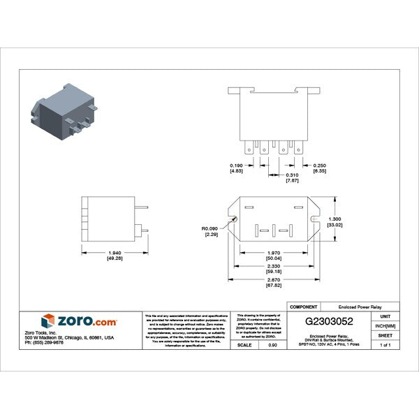 Enclosed Power Relay, DIN-Rail & Surface Mounted, SPST-NO, 120V AC, 4 Pins, 1 Poles