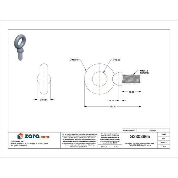 Machinery Eye Bolt With Shoulder, M42-4.50, 95 mm Shank, 73 mm ID, Steel, Plain