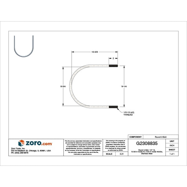 Round U-Bolt, 1/2