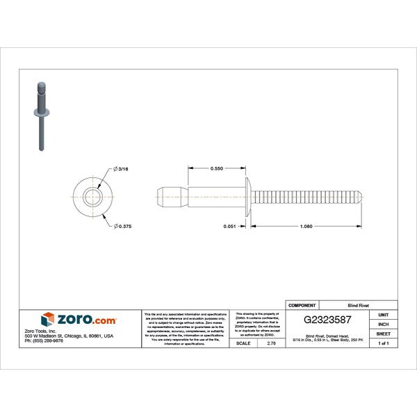 Blind Rivet, Dome Head, 3/16 in Dia., 35/64 in L, Steel Body, 250 PK