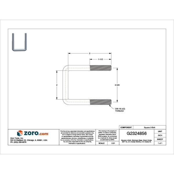 Square U-Bolt, 3/8