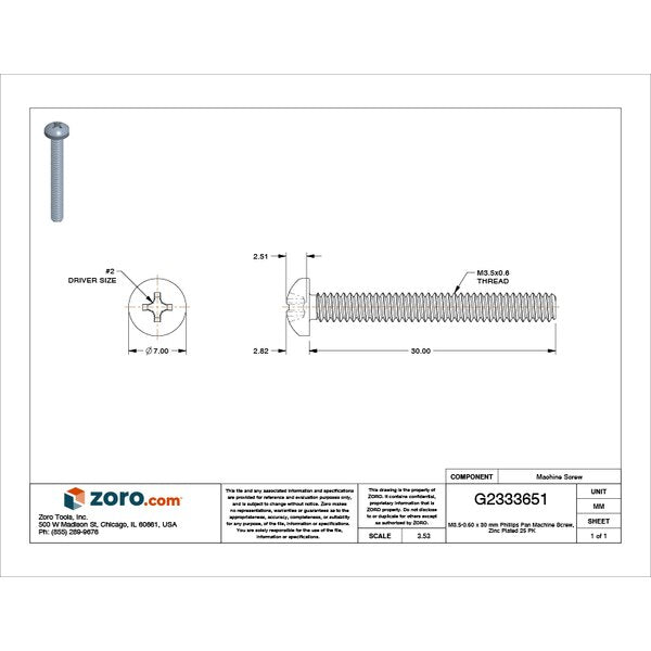 M3.5-0.60 x 30 mm Phillips Pan Machine Screw, Zinc Plated Steel, 25 PK