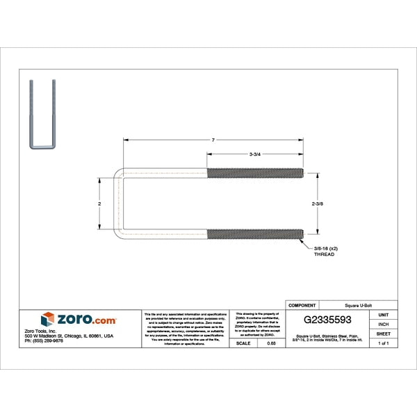 Square U-Bolt, 3/8