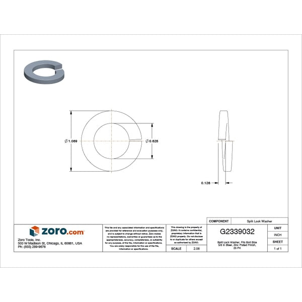 Split Lock Washer, Fits Bolt Size 5/8 in Steel, Zinc Plated Finish, 25 PK