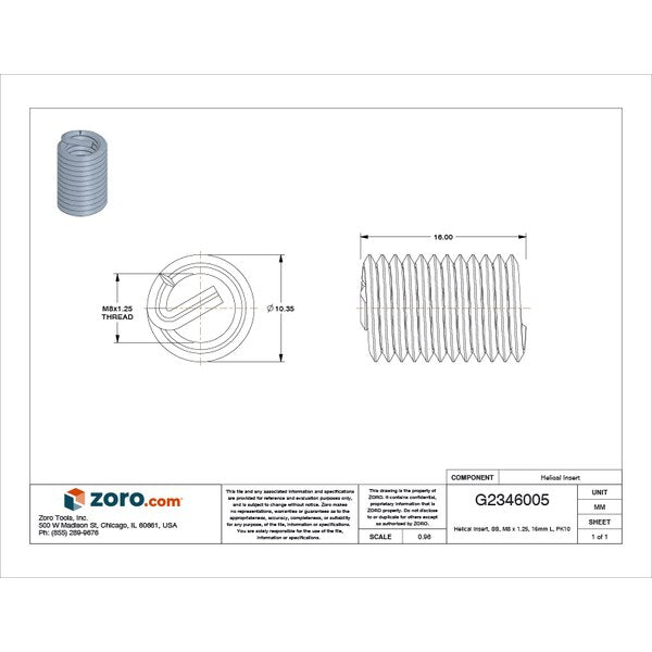 Tanged Helical Insert, Free-Running, M8-1.25 Thrd Sz, 18-8 Stainless Steel, 10 PK
