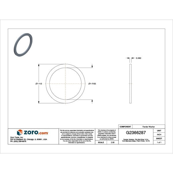 Fender Washer, Fits Bolt Size 1/2 in , Stainless Steel Plain Finish, 10 PK