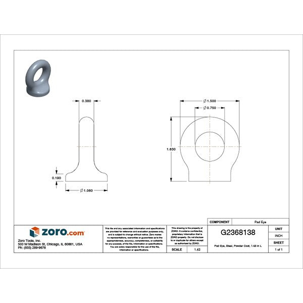 Eye Bolt With Shoulder, 3/4 in ID, Steel, Powder Coat