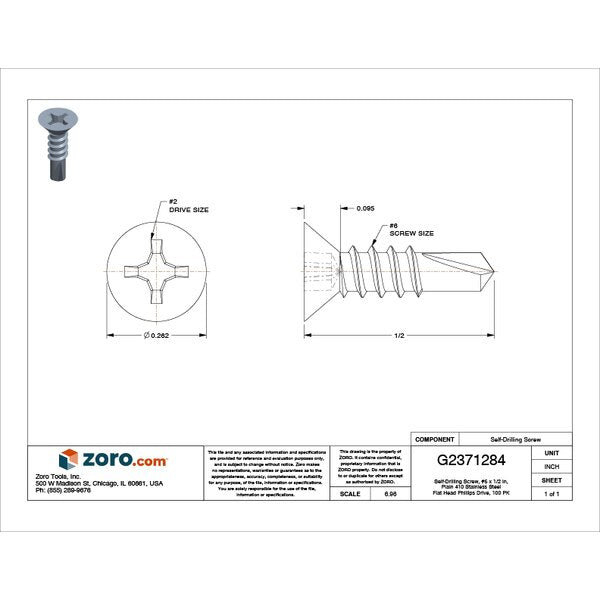 Self-Drilling Screw, #6 x 1/2 in, Plain 410 Stainless Steel Flat Head Phillips Drive, 100 PK