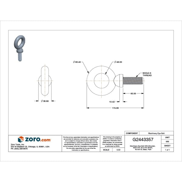 Machinery Eye Bolt With Shoulder, M22-2.50, 63.5 mm Shank, 46 mm ID, Steel, Plain