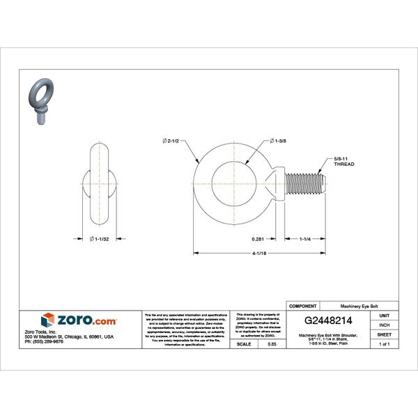 Machinery Eye Bolt With Shoulder, 5/8