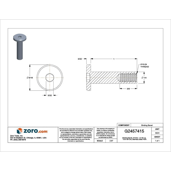 Binding Barrel, #10-24, 1 in Brl Lg, 1/4 in Brl Dia, Stainless Steel Plain
