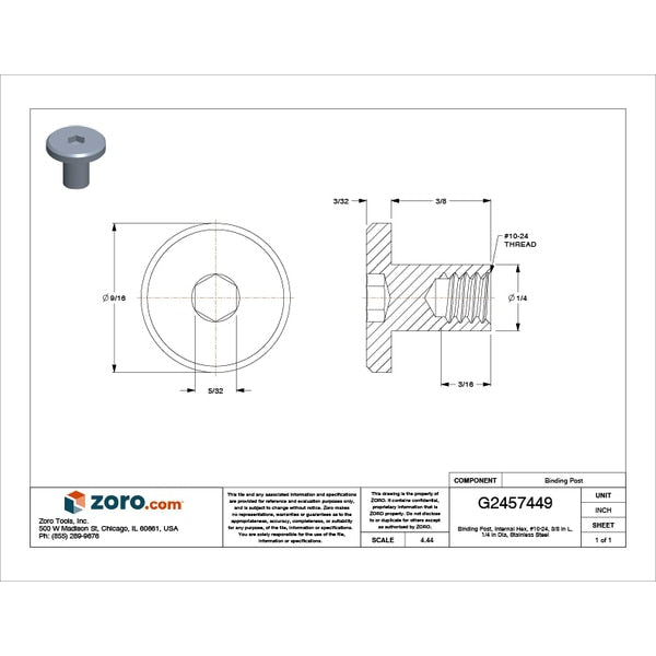 Binding Barrel, #10-24, 3/8 in Brl Lg, 1/4 in Brl Dia, Stainless Steel Plain