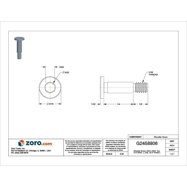 Shoulder Screw, #2-56 Thr Sz, 1/8 in Thr Lg, 1/4 in Shoulder Lg, 316 Stainless Steel