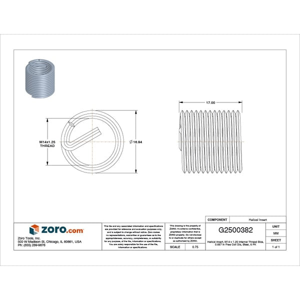Helical Insert, Free-Running, M14-1.25 Thrd Sz, 12L14 Steel, 6 PK