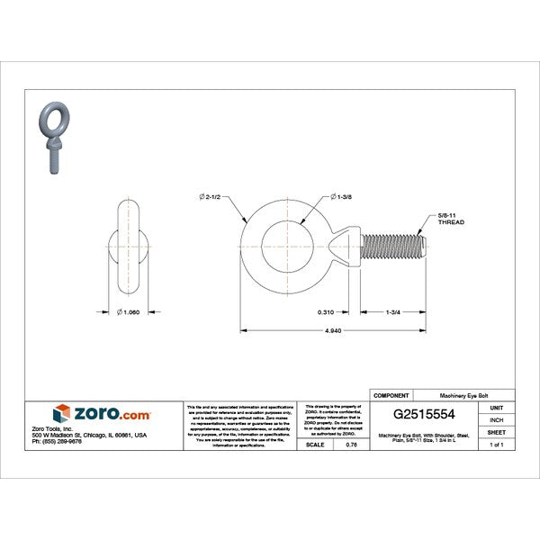 Machinery Eye Bolt With Shoulder, 5/8