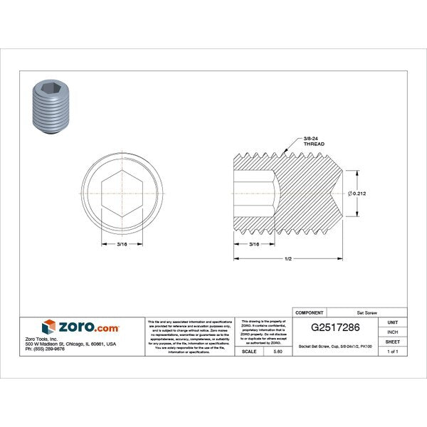Socket Set Screw, Cup, 3/8-24x1/2, PK100