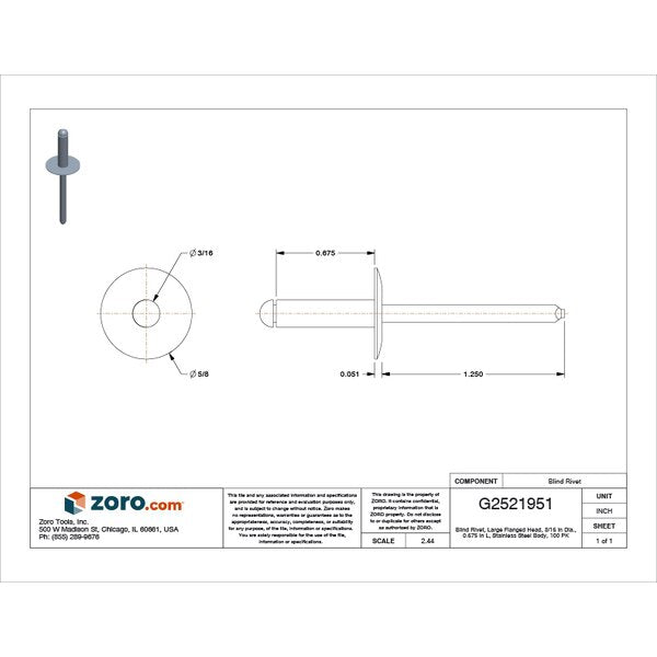 Blind Rivet, Flanged Head, 3/16 in Dia., 43/64 in L, Stainless Steel Body, 100 PK