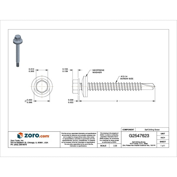Self-Drilling Screw, #12 x 2 in, Zinc Plated Steel Hex Head External Hex Drive, 100 PK