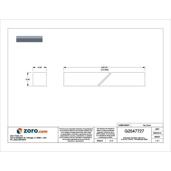 Oversized Key Stock, 305 mm L, 5 mm W, 5 mm H, 18-8 Stainless Steel