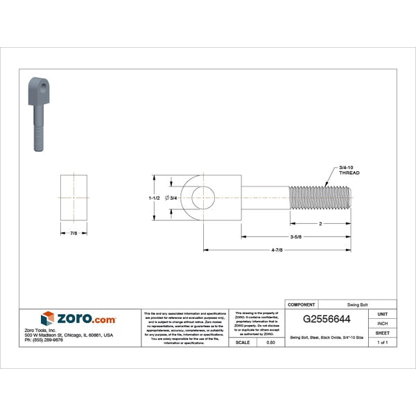 Swing Bolt, Steel, Black Oxide, 3/4