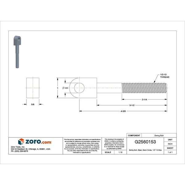 Swing Bolt, Steel, Black Oxide, 1/2