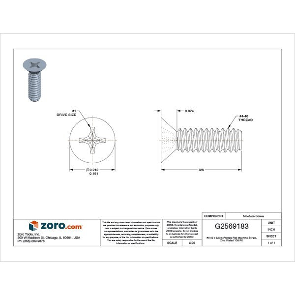 #4-40 x 3/8 in Phillips Flat Machine Screw, Zinc Plated Steel, 100 PK