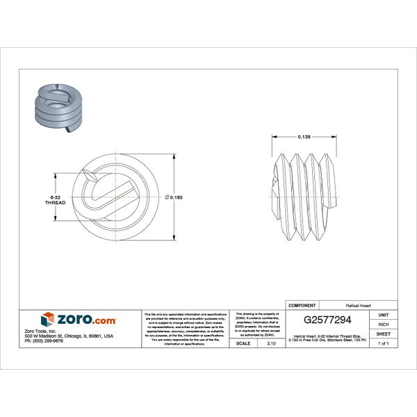 Tanged Helical Insert, Free-Running, #6-32 Thrd Sz, 18-8 Stainless Steel, 100 PK