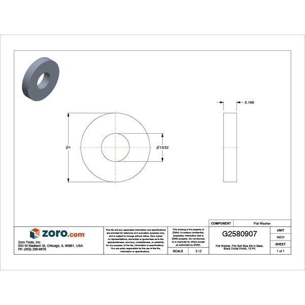 Flat Washer, Fits Bolt Size 3/8 in , Steel Black Oxide Finish, 10 PK