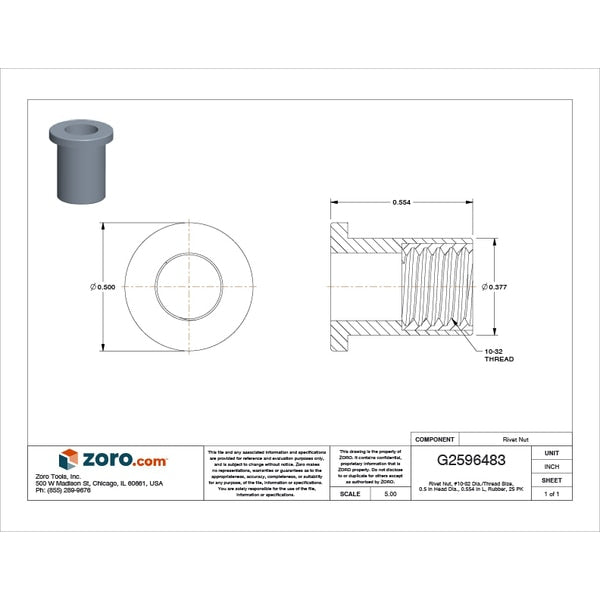 Rivet Nut, #10-32 Thread Size, 0.5 in Flange Dia., 0.554 in L, Rubber, 25 PK