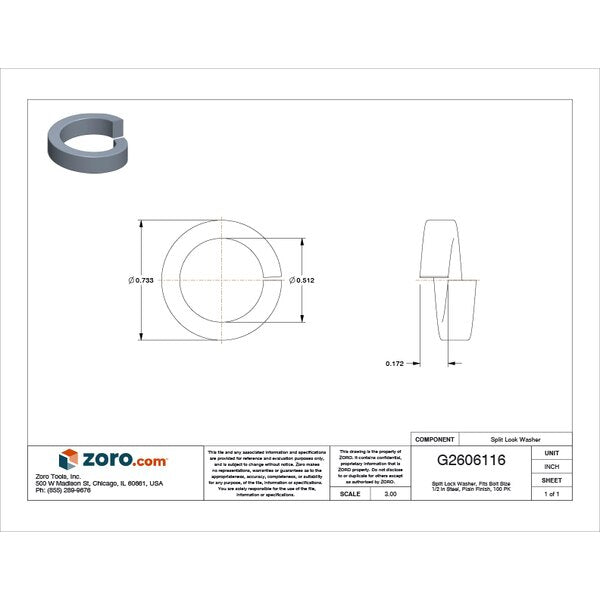 Split Lock Washer, Fits Bolt Size 1/2 in Steel, Plain Finish, 100 PK