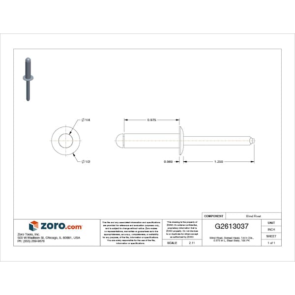 Blind Rivet, Dome Head, 1/4 in Dia., 31/32 in L, Steel Body, 100 PK