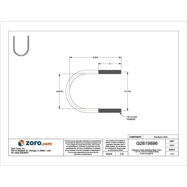 Round U-Bolt, 1/2