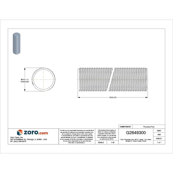 Fully Threaded Rod, M10-1.5mm, 1 m, Steel, Grade B7, Black Oxide Finish