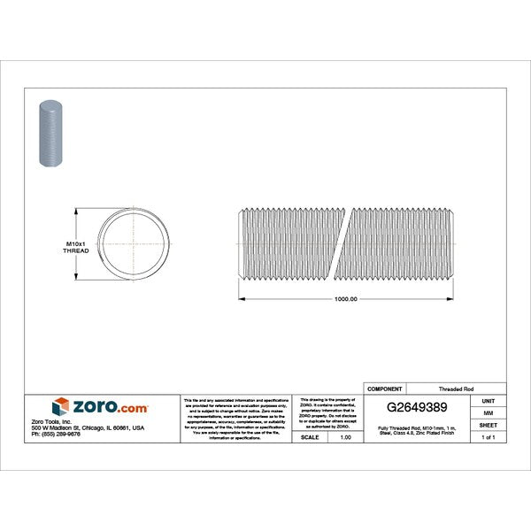 Fully Threaded Rod, M10-1mm, 1 m, Steel, Class 4.8, Zinc Plated Finish