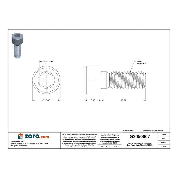 M6-1.00 Socket Head Cap Screw, Zinc Plated Steel, 16 mm Length, 100 PK