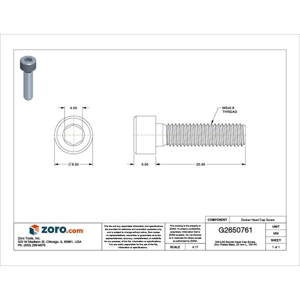 M5-0.80 Socket Head Cap Screw, Zinc Plated Steel, 20 mm Length, 100 PK