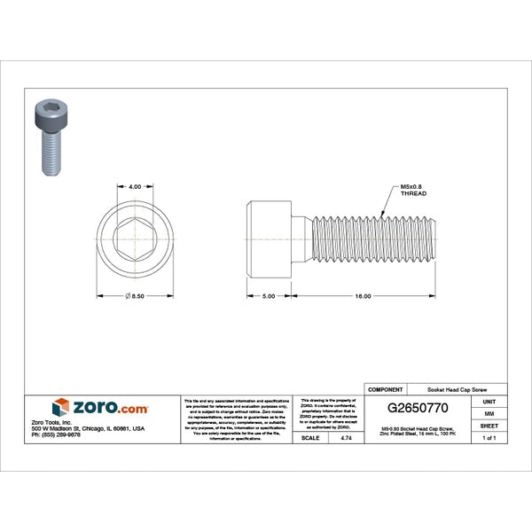 M5-0.80 Socket Head Cap Screw, Zinc Plated Steel, 16 mm Length, 100 PK