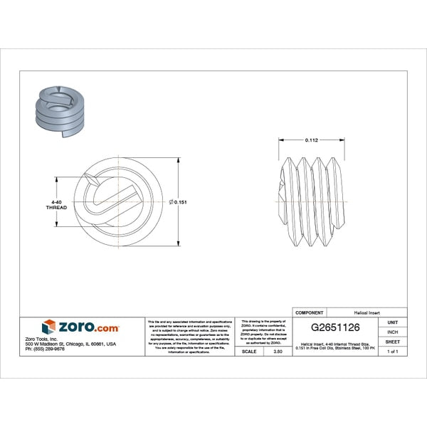 Tanged Helical Insert, Free-Running, #4-40 Thrd Sz, 18-8 Stainless Steel, 100 PK