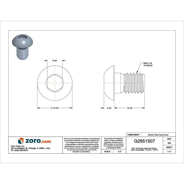 M8-1.25 Socket Head Cap Screw, Black Oxide Steel, 12 mm Length, 100 PK