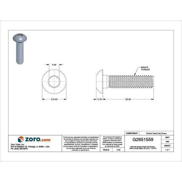 M5-0.80 Socket Head Cap Screw, Black Oxide Steel, 20 mm Length, 100 PK