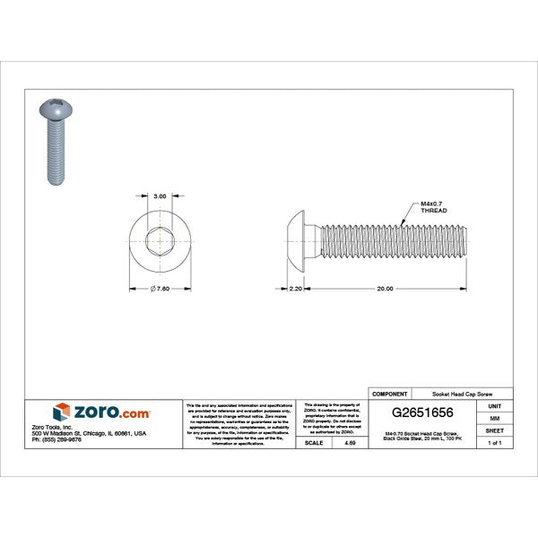 M4-0.70 Socket Head Cap Screw, Black Oxide Steel, 20 mm Length, 100 PK