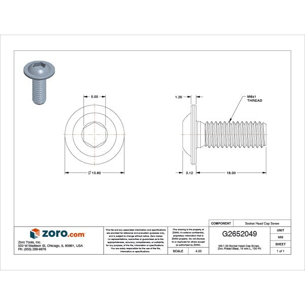 M6-1.00 Socket Head Cap Screw, Zinc Plated Steel, 16 mm Length, 100 PK