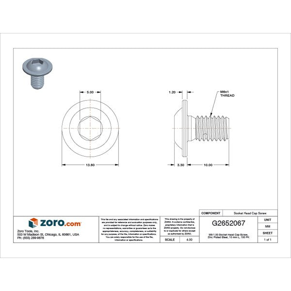 M6-1.00 Socket Head Cap Screw, Zinc Plated Steel, 10 mm Length, 100 PK