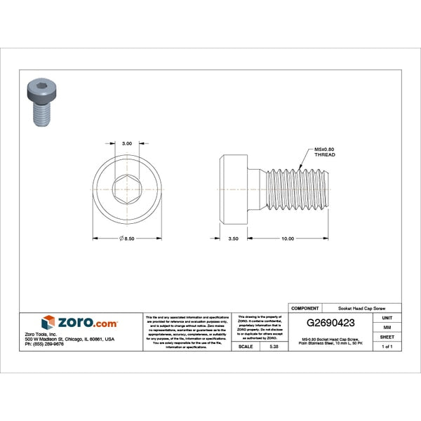 M5-0.80 Socket Head Cap Screw, Plain Stainless Steel, 10 mm Length, 50 PK