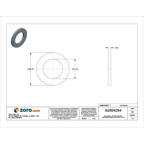 Flat Washer, Fits Bolt Size M20 , Stainless Steel Plain Finish, 5 PK