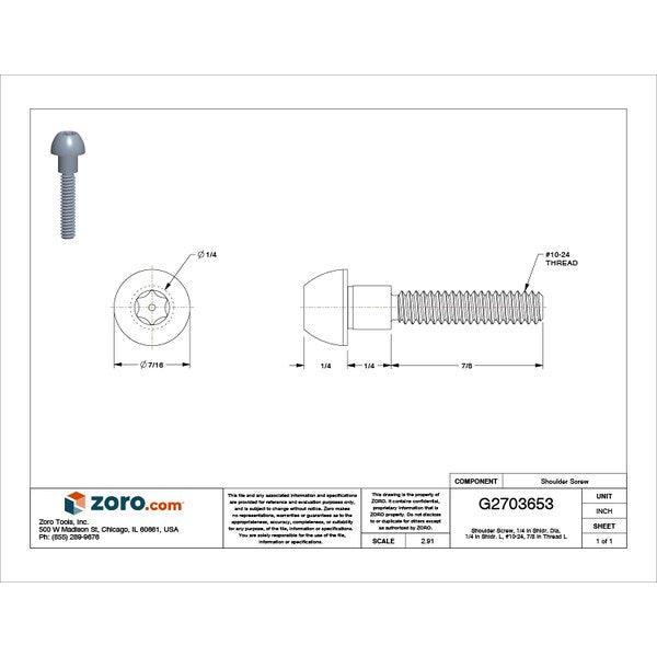 Tamper-Resistant Shoulder Screw, #10-24 Thr Sz, 7/8 in Thr Lg, 1/4 in Shoulder Lg