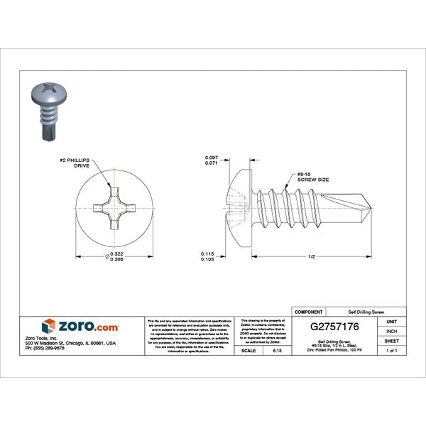 Self-Drilling Screw, #8 x 1/2 in, Zinc Plated Steel Pan Head Phillips Drive, 100 PK